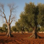 Uliveto nel Salento con alberi colpiti dalla xylella accanto ad altri ancora verdi