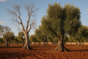 Uliveto nel Salento con alberi colpiti dalla xylella accanto ad altri ancora verdi
